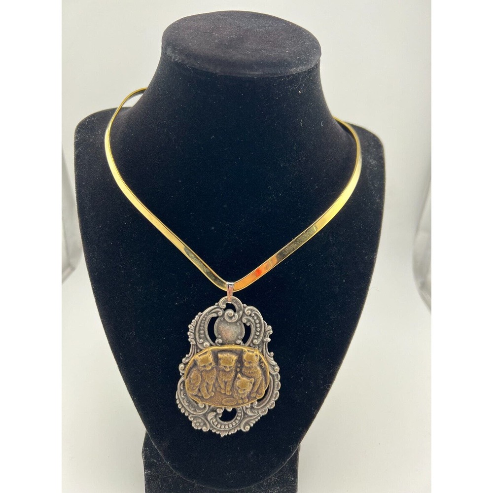 Vintage Women's Gold-Tone Chain Handmade Gorgeous Pendant Necklace Cats Kitten